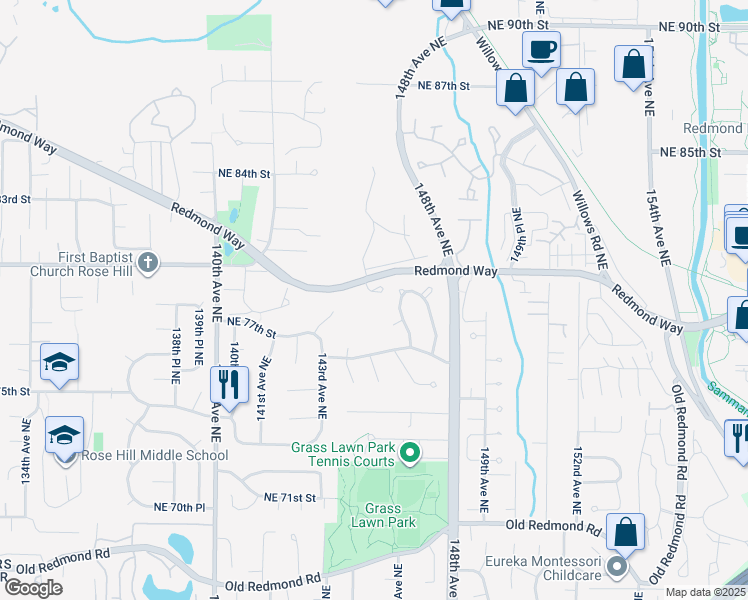 map of restaurants, bars, coffee shops, grocery stores, and more near 14431 Redmond Way in Redmond