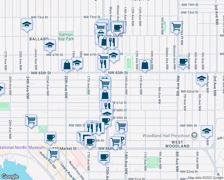 map of restaurants, bars, coffee shops, grocery stores, and more near 6212 15th Avenue Northwest in Seattle