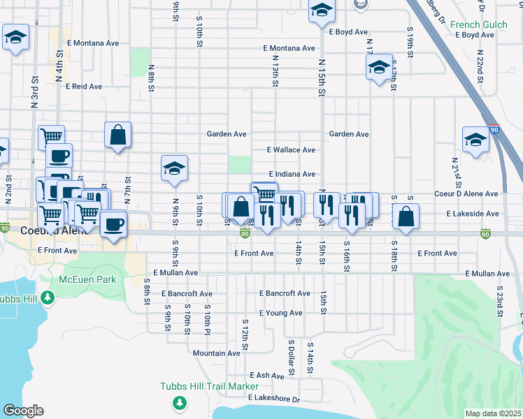 map of restaurants, bars, coffee shops, grocery stores, and more near 1207 East Lakeside Avenue in Coeur d'Alene