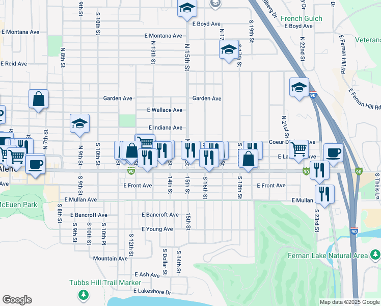 map of restaurants, bars, coffee shops, grocery stores, and more near 1503 East Lakeside Avenue in Coeur d'Alene