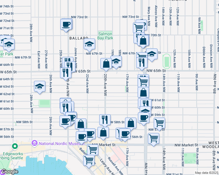 map of restaurants, bars, coffee shops, grocery stores, and more near 1763 Northwest 63rd Street in Seattle