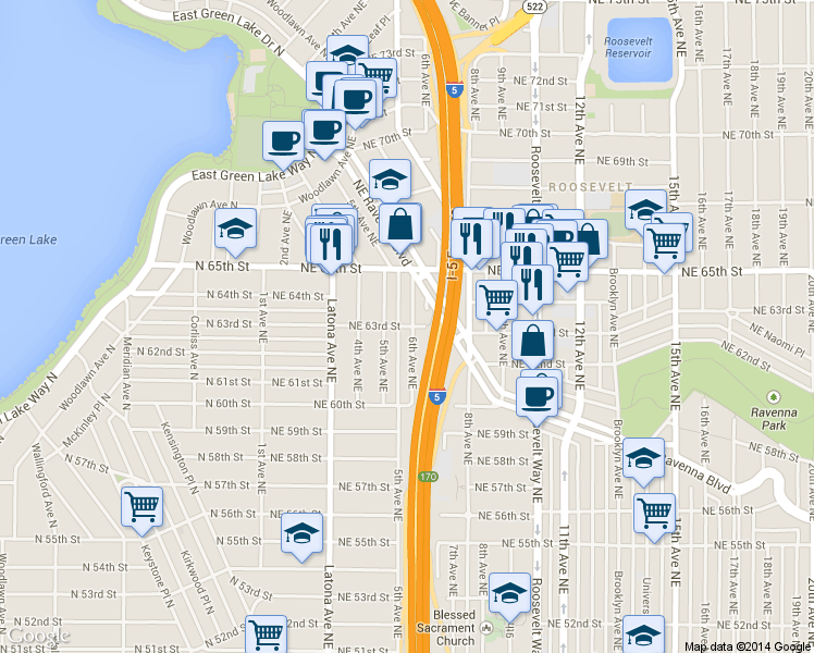 map of restaurants, bars, coffee shops, grocery stores, and more near 550 NE 63rd St in Seattle