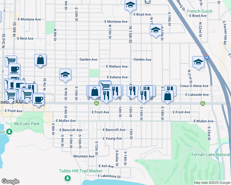 map of restaurants, bars, coffee shops, grocery stores, and more near 1313 East Lakeside Avenue in Coeur d'Alene