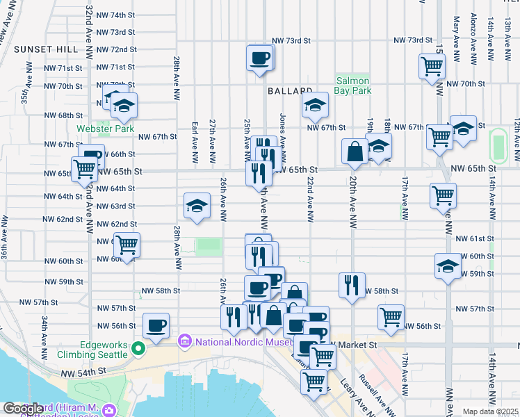 map of restaurants, bars, coffee shops, grocery stores, and more near 2401 Northwest 63rd Street in Seattle