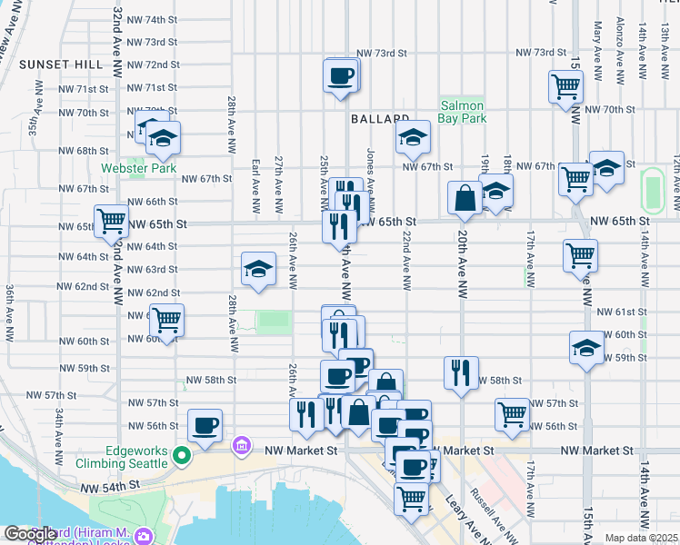 map of restaurants, bars, coffee shops, grocery stores, and more near 2401 Northwest 63rd Street in Seattle