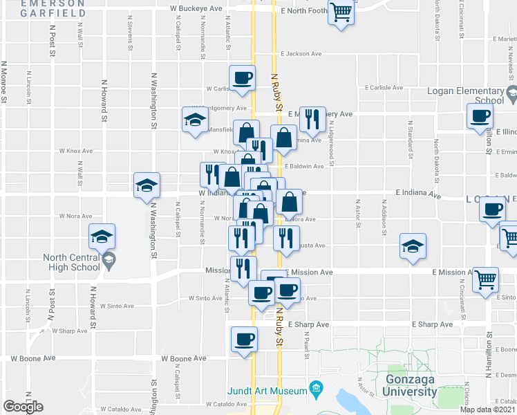 map of restaurants, bars, coffee shops, grocery stores, and more near 1814 North Division Street in Spokane