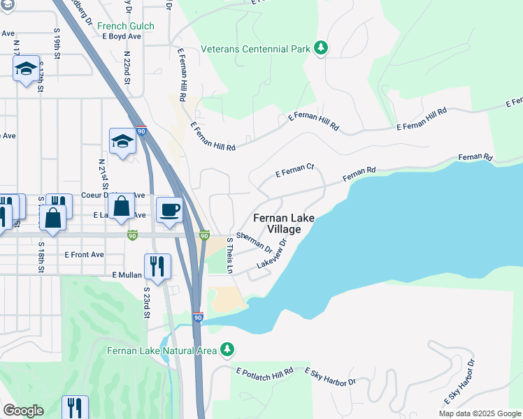 map of restaurants, bars, coffee shops, grocery stores, and more near 210 Fernan Road in Coeur d'Alene