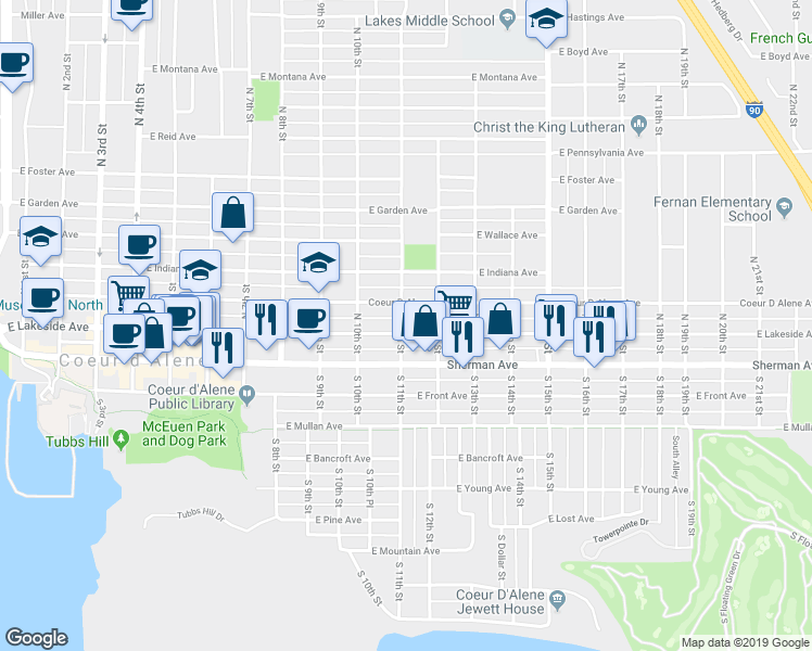 map of restaurants, bars, coffee shops, grocery stores, and more near 1101 East Lakeside Avenue in Coeur d'Alene