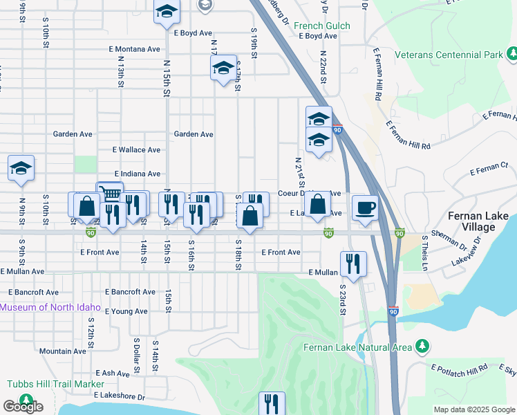 map of restaurants, bars, coffee shops, grocery stores, and more near 1917 East Lakeside Avenue in Coeur d'Alene