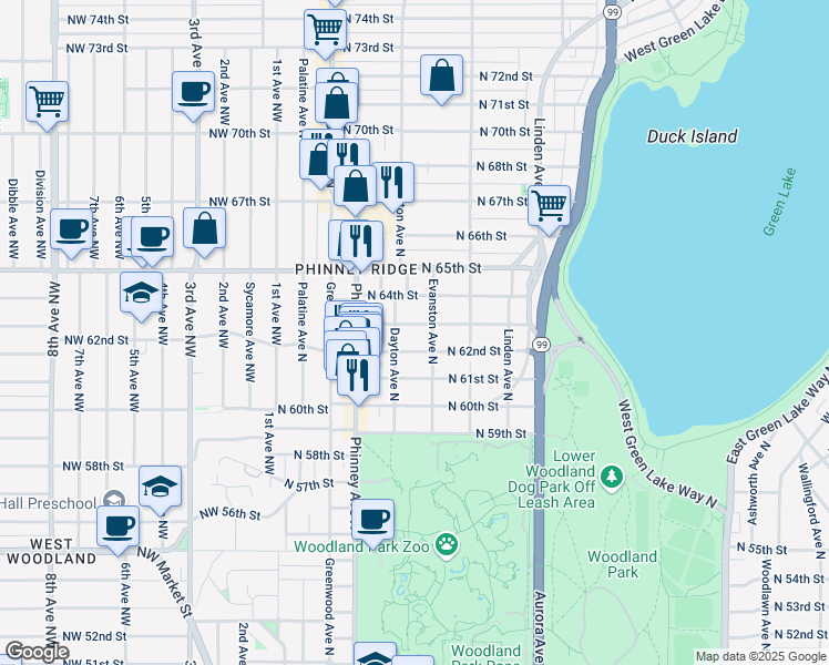 map of restaurants, bars, coffee shops, grocery stores, and more near 519 North 63rd Street in Seattle