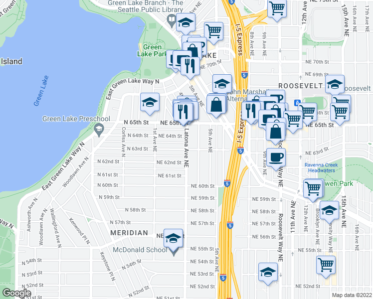 map of restaurants, bars, coffee shops, grocery stores, and more near Latona Ave NE & NE 63rd St in Seattle