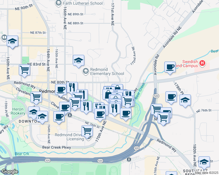 map of restaurants, bars, coffee shops, grocery stores, and more near 7930 170th Place Northeast in Redmond