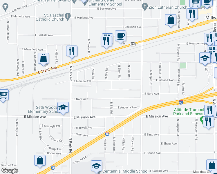 map of restaurants, bars, coffee shops, grocery stores, and more near 7909 East Baldwin Avenue in Spokane Valley