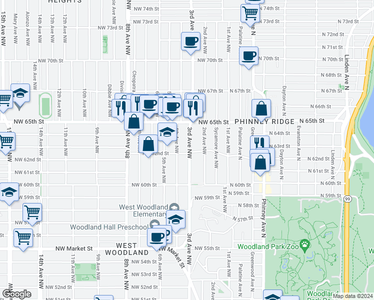 map of restaurants, bars, coffee shops, grocery stores, and more near 300 Northwest 62nd Street in Seattle