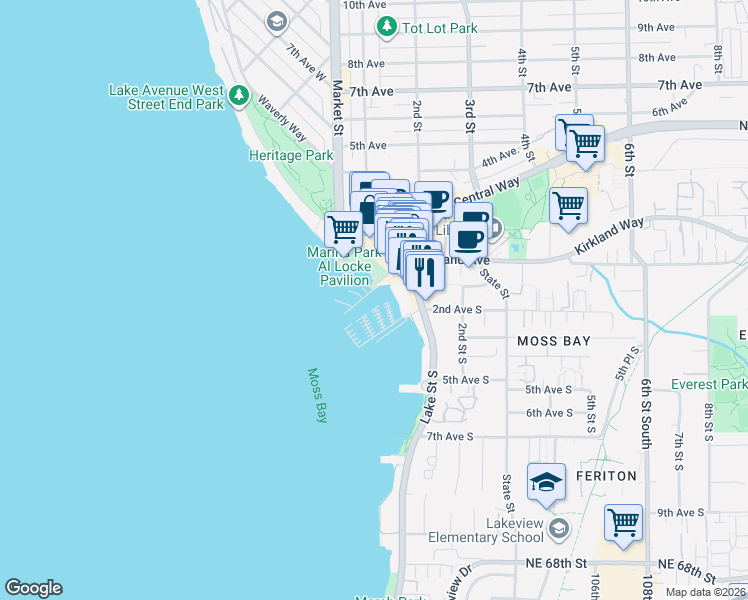 map of restaurants, bars, coffee shops, grocery stores, and more near 65 Kirkland Avenue in Kirkland