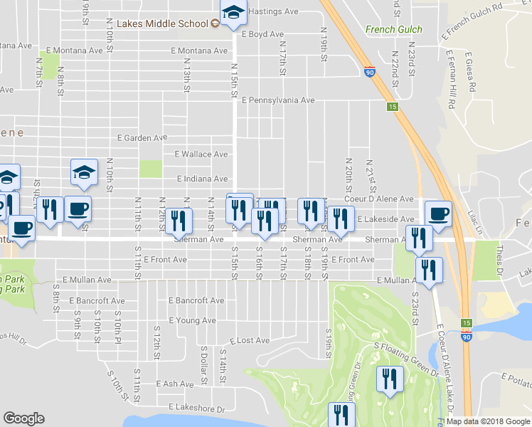 map of restaurants, bars, coffee shops, grocery stores, and more near 1603 East Lakeside Avenue in Coeur d'Alene