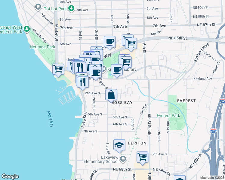 map of restaurants, bars, coffee shops, grocery stores, and more near 128 State Street in Kirkland