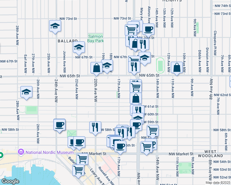 map of restaurants, bars, coffee shops, grocery stores, and more near 1707 Northwest 63rd Street in Seattle