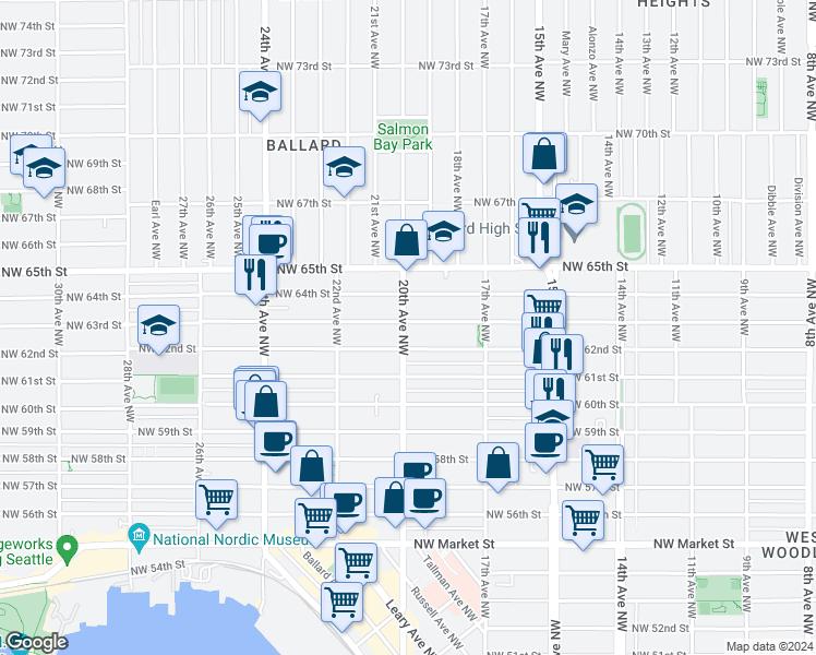 map of restaurants, bars, coffee shops, grocery stores, and more near 6224 20th Avenue Northwest in Seattle
