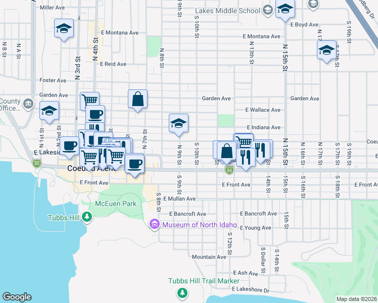 map of restaurants, bars, coffee shops, grocery stores, and more near 218 North 9th Street in Coeur d'Alene