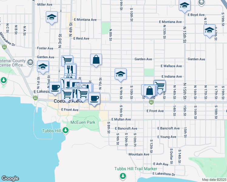 map of restaurants, bars, coffee shops, grocery stores, and more near 208 North 8th Street in Coeur d'Alene