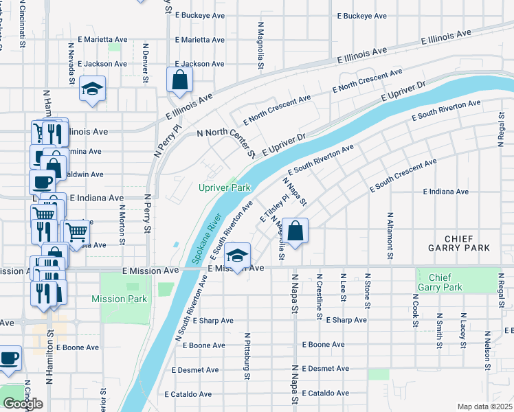 map of restaurants, bars, coffee shops, grocery stores, and more near 1722 East South Riverton Avenue in Spokane