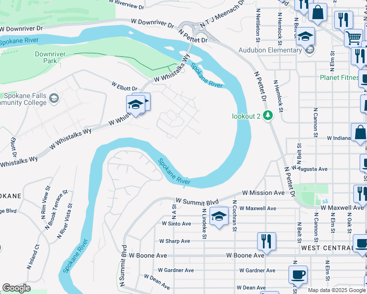 map of restaurants, bars, coffee shops, grocery stores, and more near 1920 North Holy Names Court in Spokane