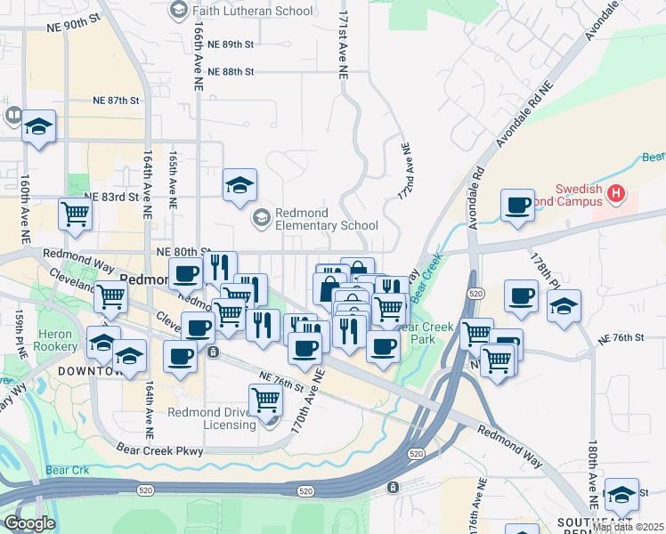 map of restaurants, bars, coffee shops, grocery stores, and more near 17107 Northeast 80th Street in Redmond