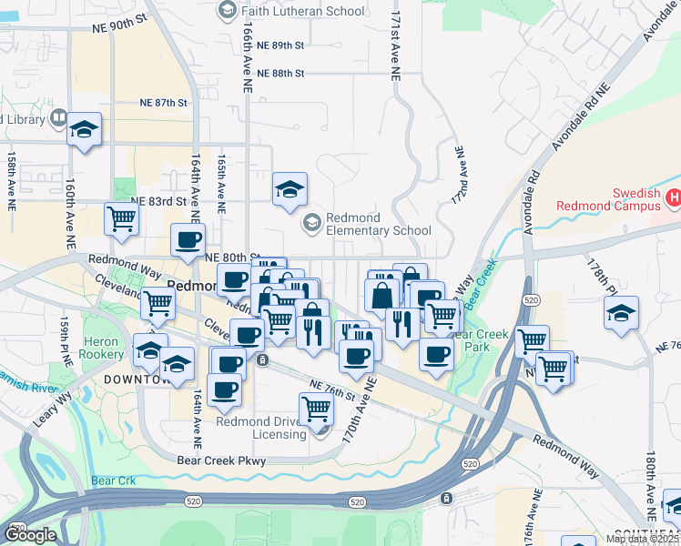 map of restaurants, bars, coffee shops, grocery stores, and more near 7960 169th Avenue Northeast in Redmond