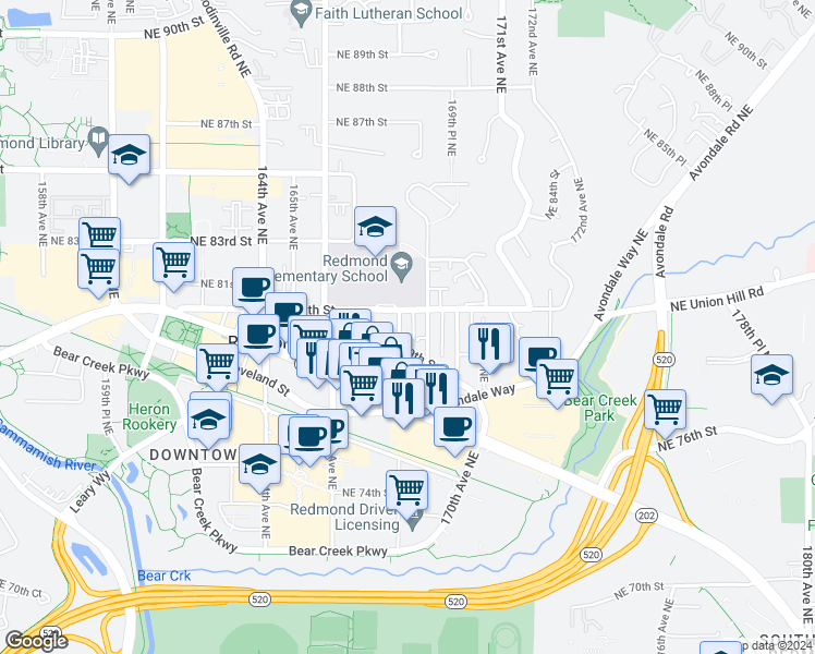 map of restaurants, bars, coffee shops, grocery stores, and more near 7961 168th Avenue Northeast in Redmond