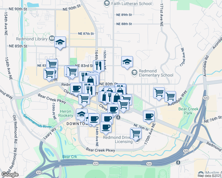 map of restaurants, bars, coffee shops, grocery stores, and more near 16550 Northeast 79th Street in Redmond