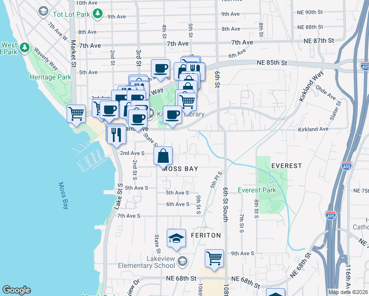 map of restaurants, bars, coffee shops, grocery stores, and more near 330 2nd Avenue South in Kirkland