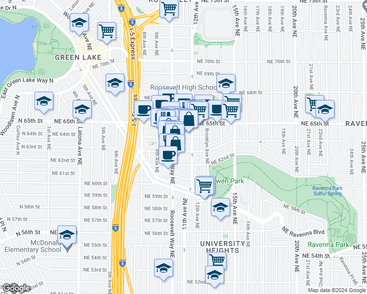 map of restaurants, bars, coffee shops, grocery stores, and more near 6309 12th Avenue Northeast in Seattle