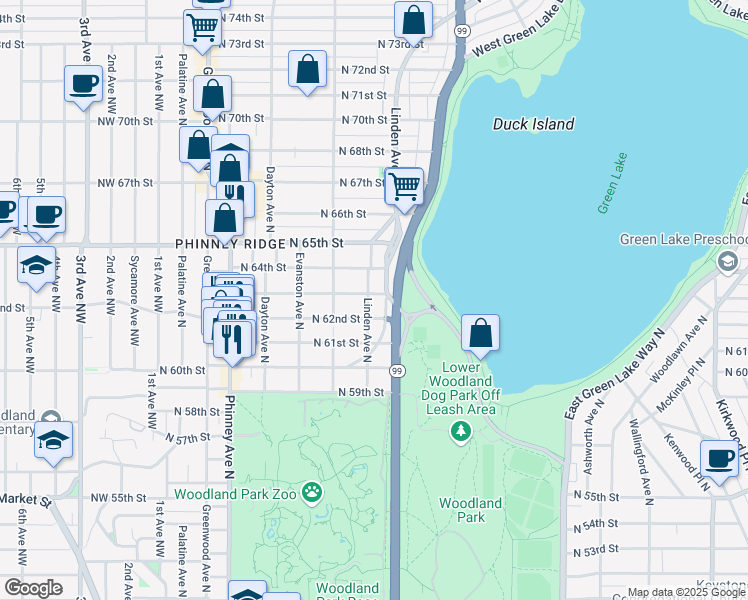 map of restaurants, bars, coffee shops, grocery stores, and more near 6225 Woodland Place North in Seattle