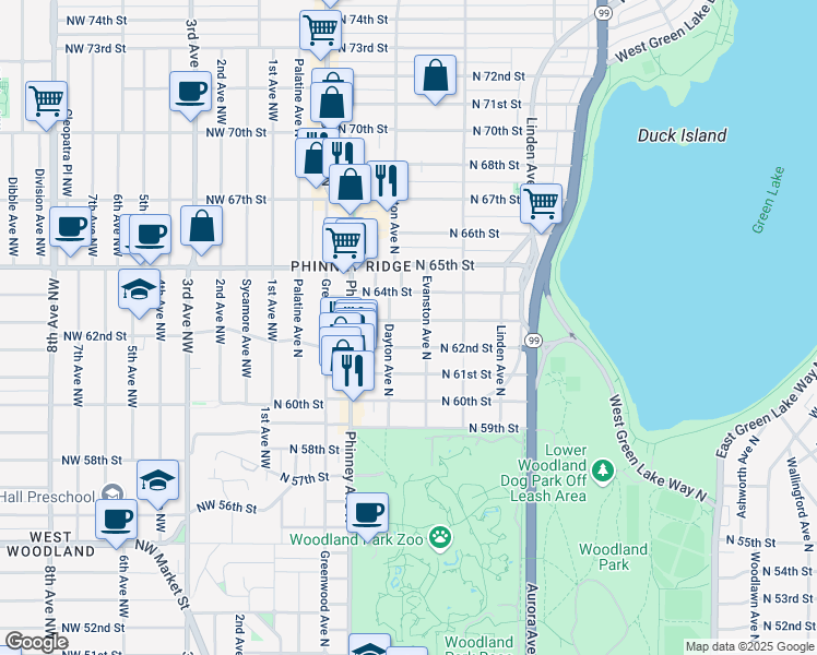 map of restaurants, bars, coffee shops, grocery stores, and more near 519 North 63rd Street in Seattle