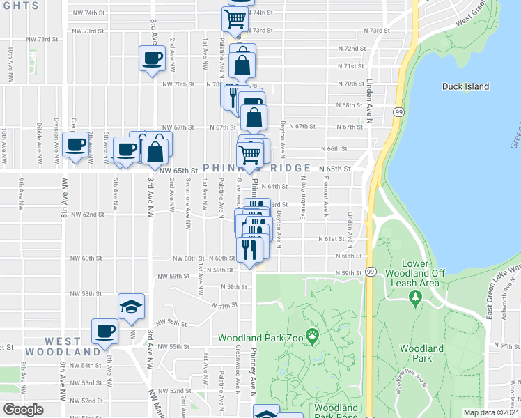 map of restaurants, bars, coffee shops, grocery stores, and more near 417 North 63rd Street in Seattle