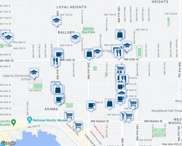 map of restaurants, bars, coffee shops, grocery stores, and more near in Seattle