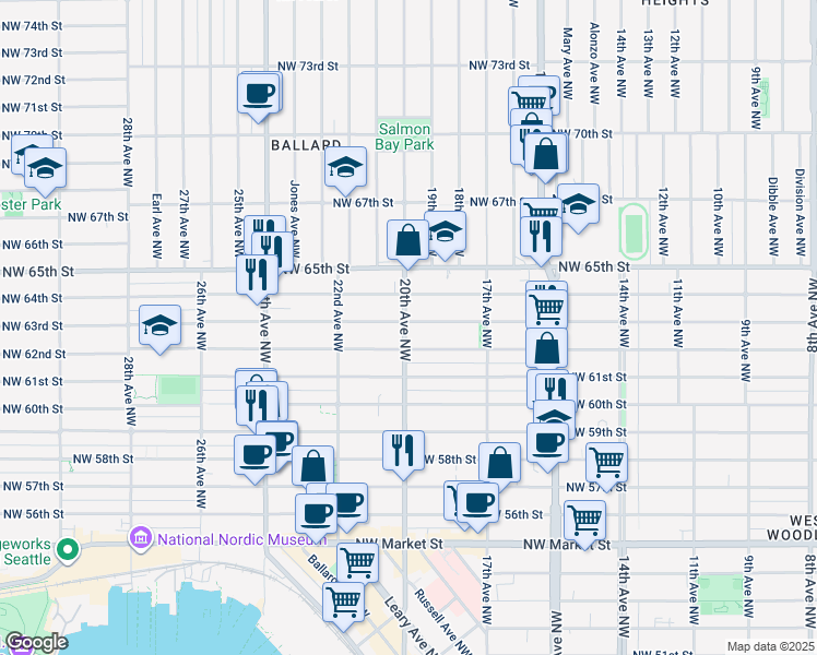map of restaurants, bars, coffee shops, grocery stores, and more near in Seattle