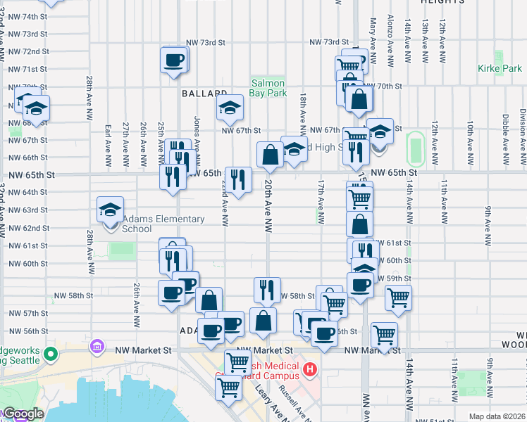 map of restaurants, bars, coffee shops, grocery stores, and more near in Seattle