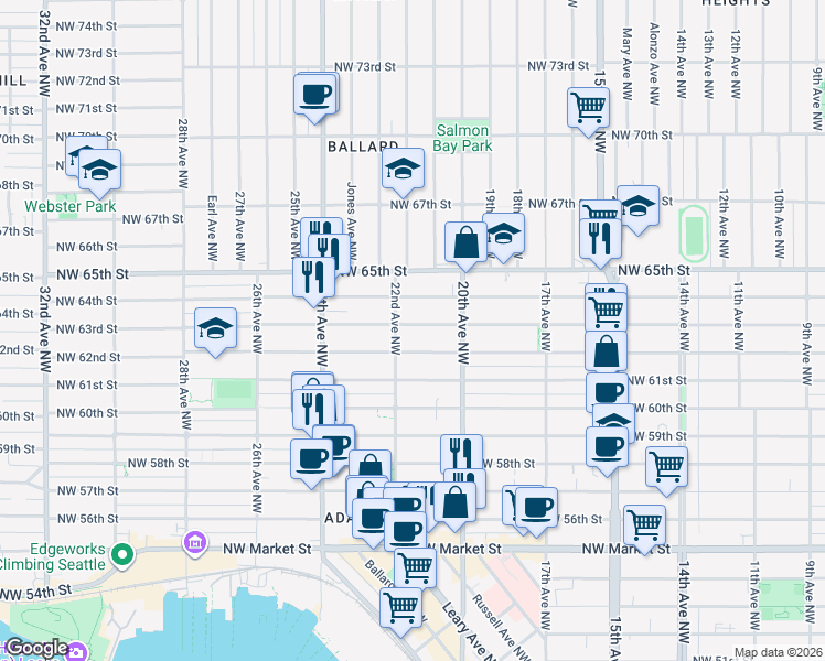 map of restaurants, bars, coffee shops, grocery stores, and more near 2031 Northwest 63rd Street in Seattle