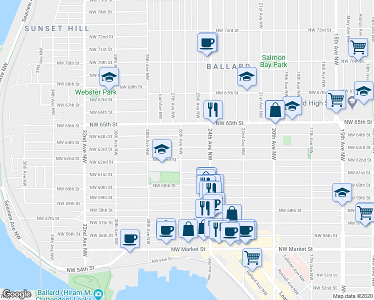 map of restaurants, bars, coffee shops, grocery stores, and more near 2441A Northwest 63rd Street in Seattle