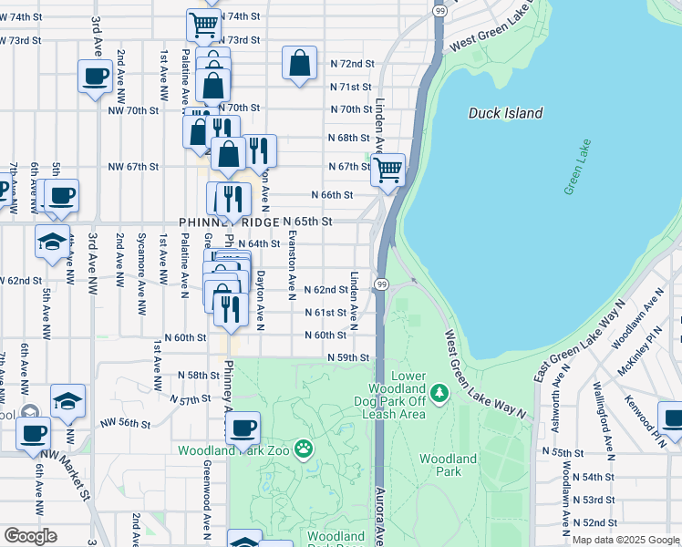 map of restaurants, bars, coffee shops, grocery stores, and more near 717 North 63rd Street in Seattle