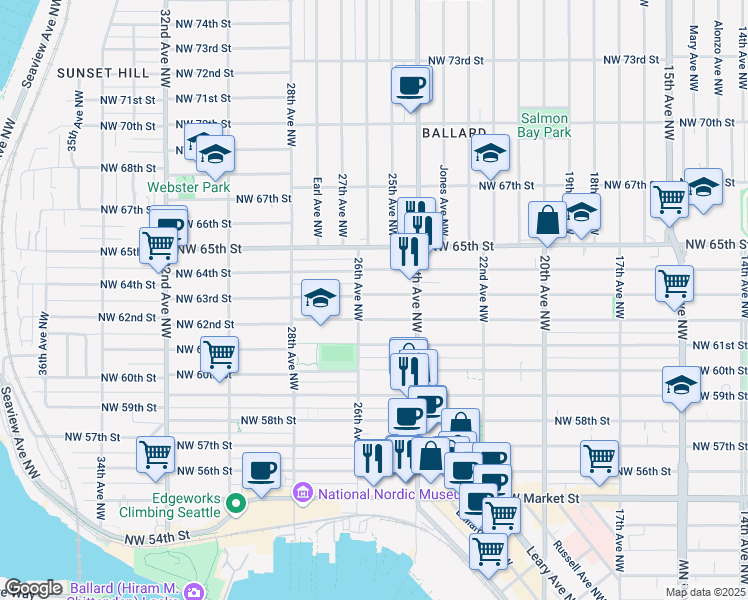 map of restaurants, bars, coffee shops, grocery stores, and more near 2441A Northwest 63rd Street in Seattle