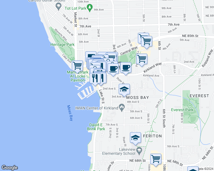 map of restaurants, bars, coffee shops, grocery stores, and more near 109 2nd Street South in Kirkland