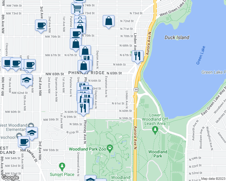 map of restaurants, bars, coffee shops, grocery stores, and more near 623 North 63rd Street in Seattle