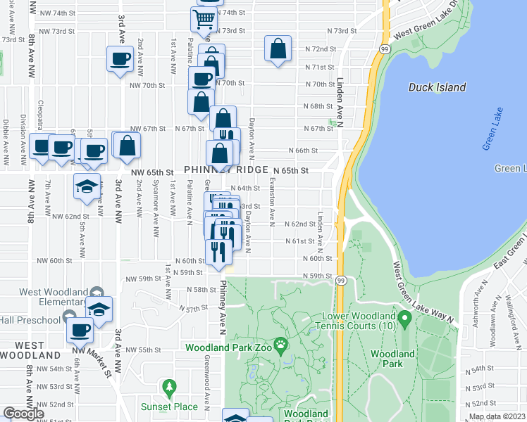 map of restaurants, bars, coffee shops, grocery stores, and more near 519 North 63rd Street in Seattle