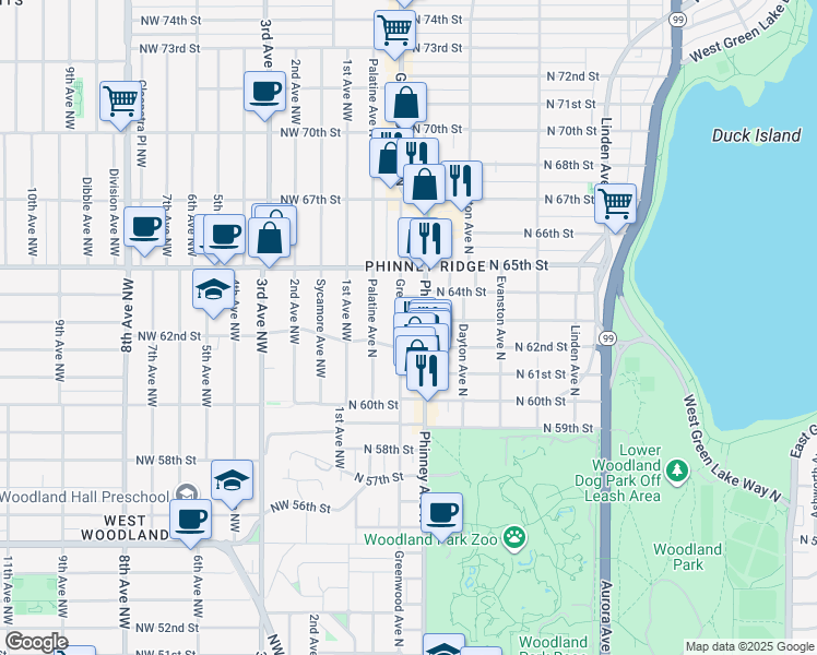 map of restaurants, bars, coffee shops, grocery stores, and more near 6216 Greenwood Ave N in Seattle