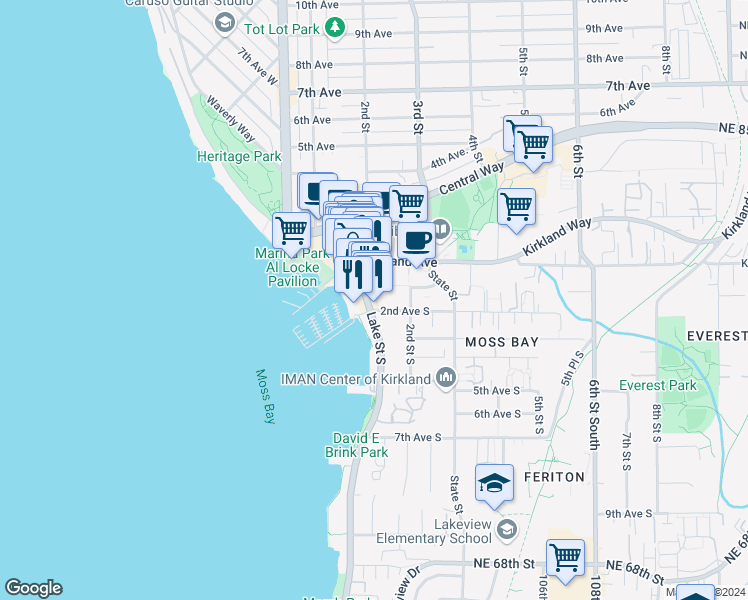map of restaurants, bars, coffee shops, grocery stores, and more near 127 Lake Street South in Kirkland