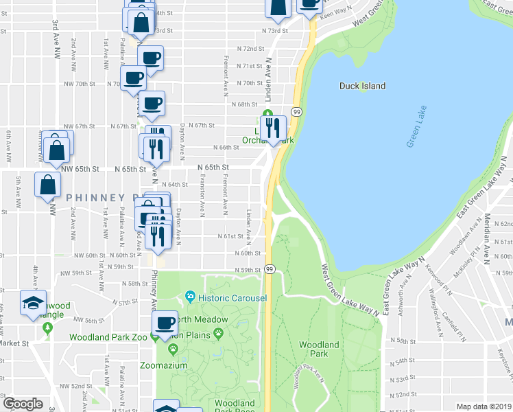 map of restaurants, bars, coffee shops, grocery stores, and more near 6225 Woodland Place North in Seattle