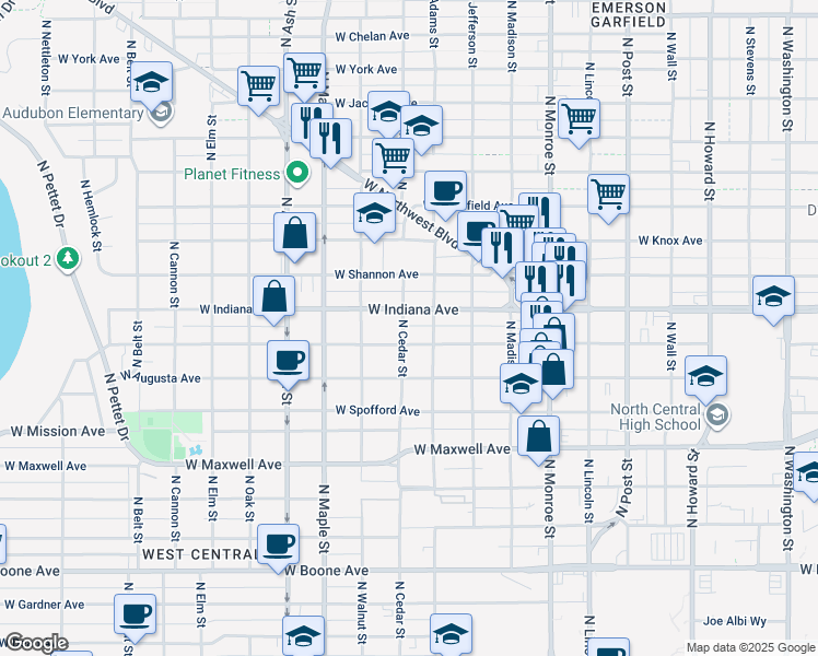 map of restaurants, bars, coffee shops, grocery stores, and more near 1812 North Cedar Street in Spokane